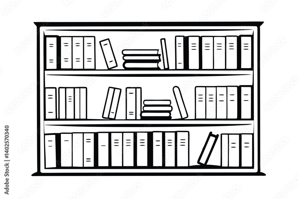 Poster organized bookshelf with multiple books, neat rows, and files