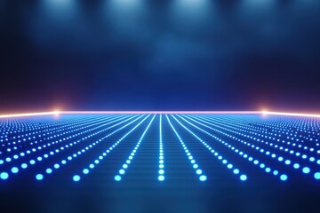 Blue glowing lights form lines converging on the horizon a digital landscape
