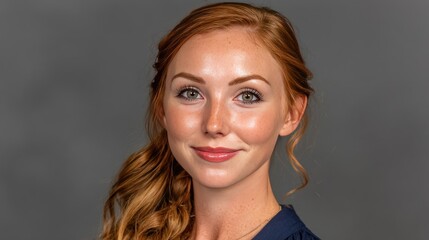 Fototapeta premium Red-haired model confidently poses in a navy shirt against a smooth grey backdrop during a professional shoot