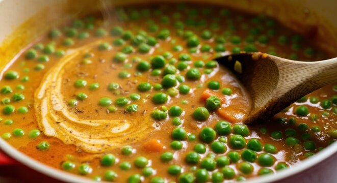 Creamy pea curry in red pot with wooden spoon - Powered by Adobe