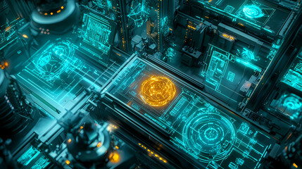 A high-tech digital landscape featuring intricate blue and orange holographic interfaces, representing advanced technology and futuristic design.