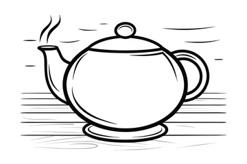 Simple Black And White Teapot Illustration With Steam On Wooden Tabletop,Perfect For Tea Time Or Kitchen Decor Concepts