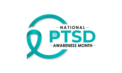 National PTSD Awareness Month is june. Health awareness vector. Realistic ribbon, Human and brain icon. Educate the public about post-traumatic stress disorder. Banner and background design template.