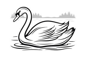 Elegant Black And White Swan Illustration Gracefully Swimming In Water With Forest Background Minimalist Design