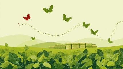 Obraz premium Soybean tariff impact metaphor with price tag butterflies, flat design infographic on agricultural trade economics