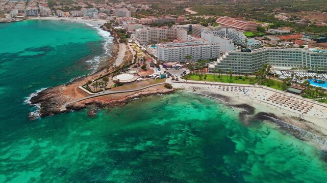 Aerial view of Platja de sa Coma beach in Mallorca, Balearic Islands, Spain.