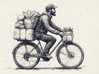 Obraz premium Man on Bicycle with Heavy Load, a Sketch Style Illustration of a Delivery Person on a Vintage Bike Delivering Goods
