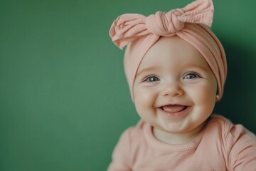 Smiling baby girl in pink turban headband and shirt on green background, joyful and adorable look