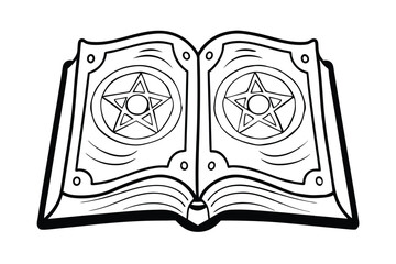 Ancient Grimoire Illustration Open Book With Pentagrams Vintage Magical Tome Black And White Outline Style Symbolic Witchcraft
