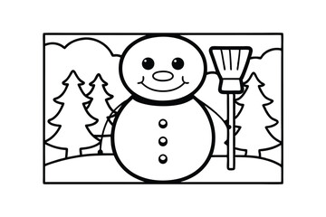 Cheerful Snowman With Broomstick In A Winter Forest Line Art Simple Black And White Illustration
