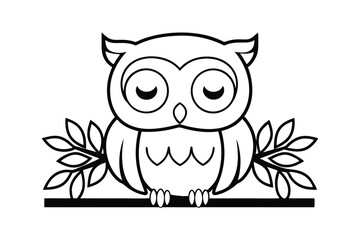 Fototapeta premium Black And White Owl Vector Illustration With Closed Eyes Perched On Branch With Leaves Design