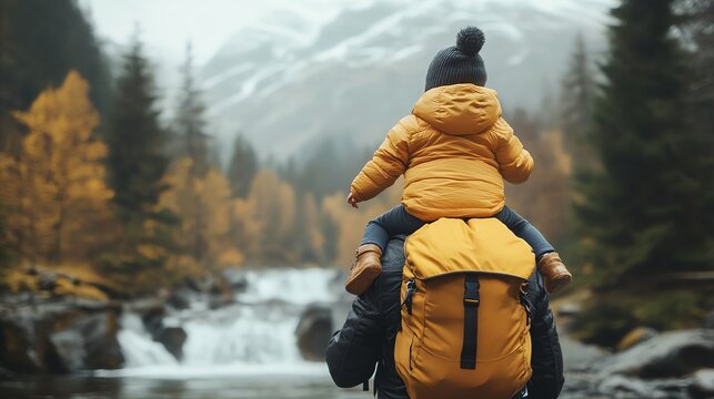 A dad carries his toddler on his shoulders while hiking in a stunning autumn mountain landscape near a waterfall. Perfect for travel blogs and family adventure articles.