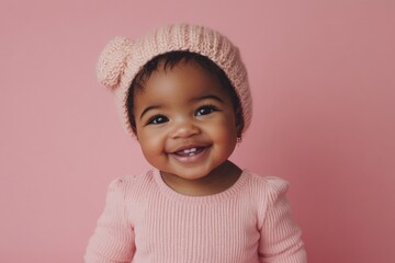 Smiling baby girl in soft pink knit sweater and pom pom hat on pink background, cute and joyful look
