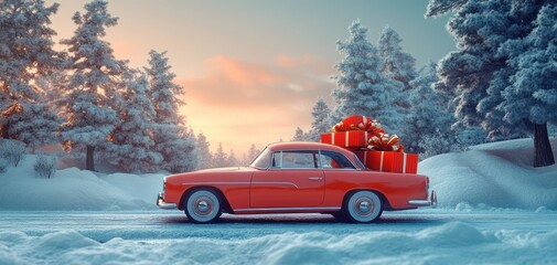 Vintage car delivering oversized gifts on snowy road, whimsical illustration, pop art style, bright colors, playful and surreal elements