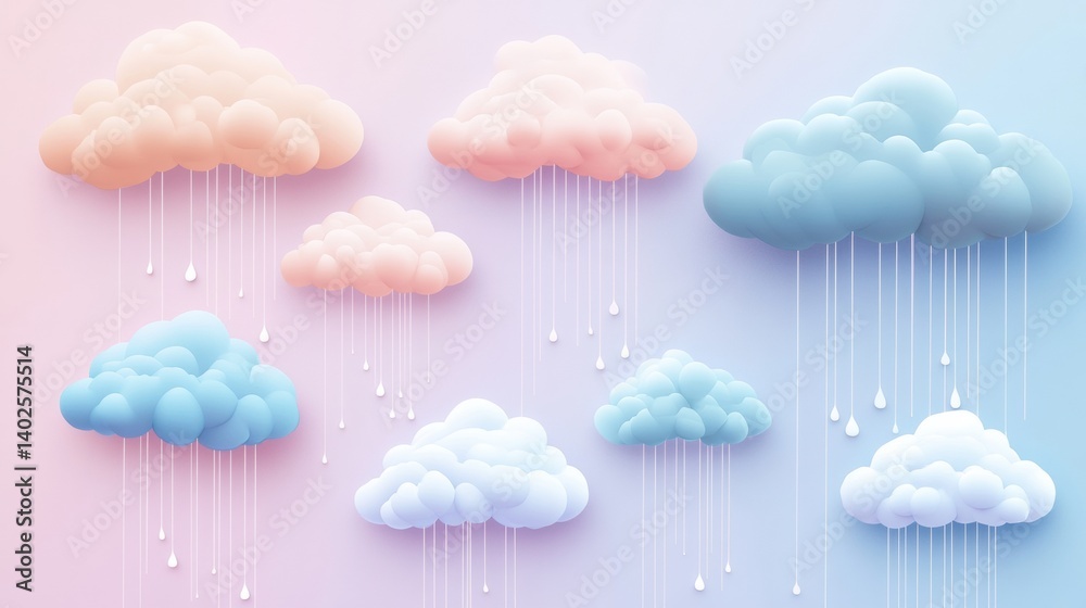 Poster Colorful pastel clouds with soft rain on a neutral background create a soothing atmosphere for relaxation and calmness at any time of day
