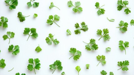 Fototapeta premium Fresh Coriander Leaves (Coriandrum sativum) Isolated on White Background with Crisp Green Texture