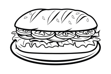 Monochrome Sketch Of A Burger With Lettuce And Tomato Slices Classic American Fast Food Style Black And White Art