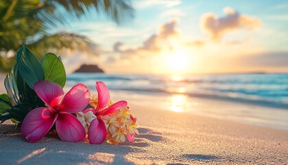 Vibrant Tropical Flowers on Sandy Beach at Sunset with Gentle Waves and Cloudy Sky
