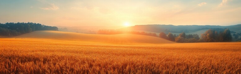 Obraz premium Sunrise over Tuscany Wheat Field Landscape with Rolling Hills in Impressionist Style