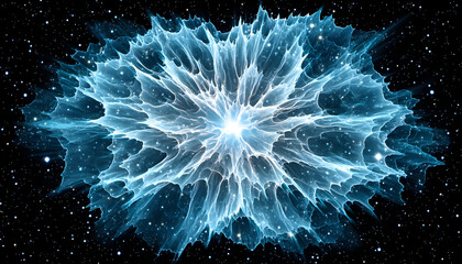 Obraz premium Celestial explosion; glowing blue nebula with fractal patterns against a starry backdrop
