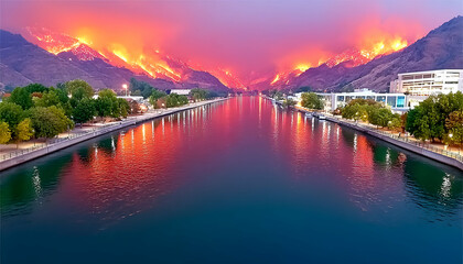 Fototapeta premium Fiery sunset wildfire reflected on calm river, cityscape