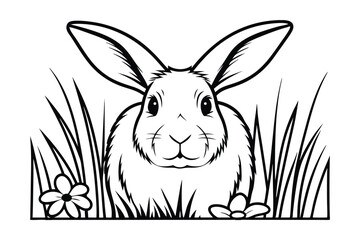 Cute Bunny Peeking Out Of Grass With Flowers Black And White Illustration For Coloring Pages And Designs