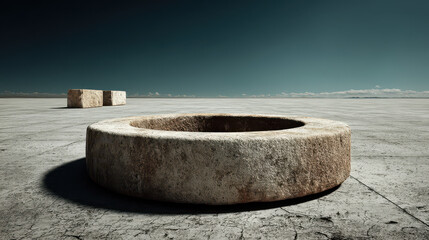 Fototapeta premium Stone circle contrasts with desert landscape creating an intriguing focal point in an endless terrain under an expansive sky