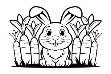 Cute Cartoon Bunny Sitting Beside Carrots Black And White Outline Ideal For Childrens Coloring And Easter Projects