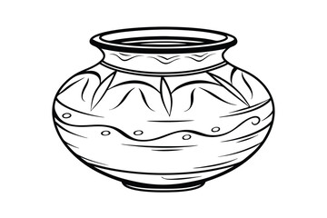 Artistic Black And White Illustration Of An Ornate Clay Pot Vessel With Detailed Designs And Patterns