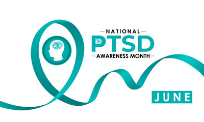 Obraz premium National PTSD Awareness Month is june. Health awareness vector. Realistic ribbon, Human and brain icon. Educate the public about post-traumatic stress disorder. Banner and background design template.