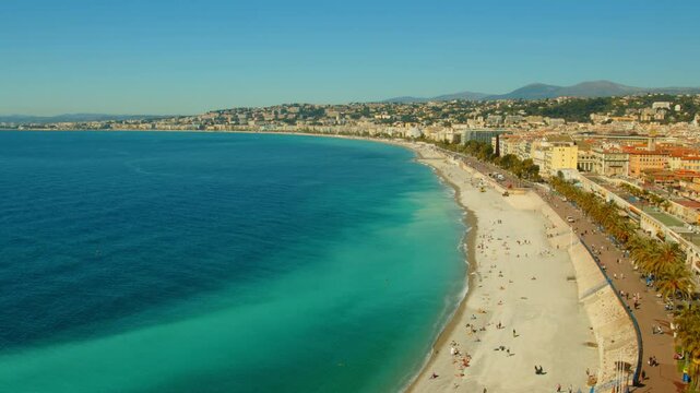 4K Nice, France French Riviera breathtaking view of the Baie des Anges and the entire coastline from the Colline du Ch&acirc;teau with a seagull flying