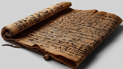 A minimalist image of a single papyrus sheet on a flat surface, clean background, with elegant black symbols written across it 