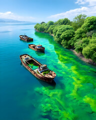 Sunlit turquoise lake with three rusted, abandoned ships near a lush green shoreline