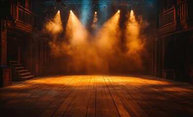 Obraz premium Spotlights Create Mysterious Atmosphere on Empty Theatrical Stage with Wooden Flooring and Dark Background