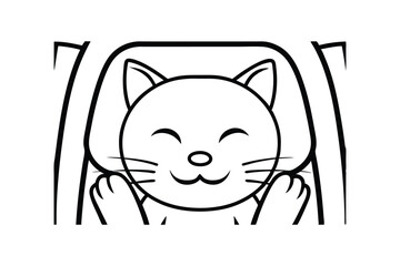 Minimalist Outline Illustration Of A Happy Cat Inside A Box Ready For Coloring Book Or Design Template