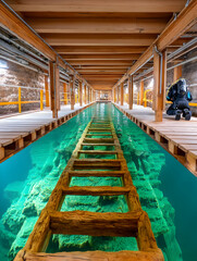Underwater wooden walkway in a clear, submerged structure