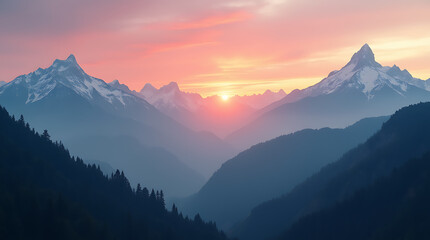 Obraz premium Tranquil Dawn Over Majestic Snowy Mountains and Verdant Forests, Bathed in Soft Morning Light and Mist