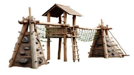 Wooden climbing play structure for kids in a park, isolated on transparent background