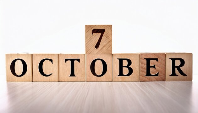 Minimalist photo of wooden blocks with date 7 October. Day and month, calendar on white background