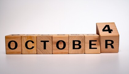 Minimalist photo of wooden blocks with date 4 October. Day and month, calendar on white background