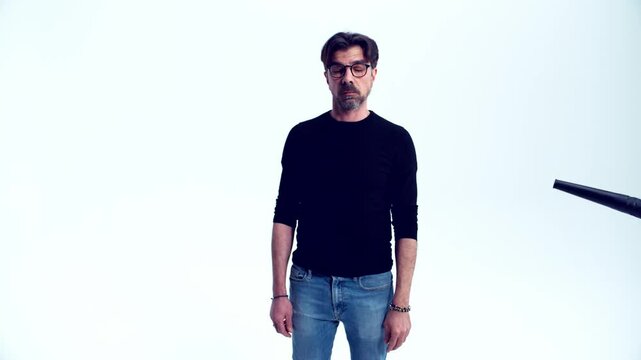 Extreme Wind Blasting Man&rsquo;s Hair &ndash; 800fps Slow Motion on White Background