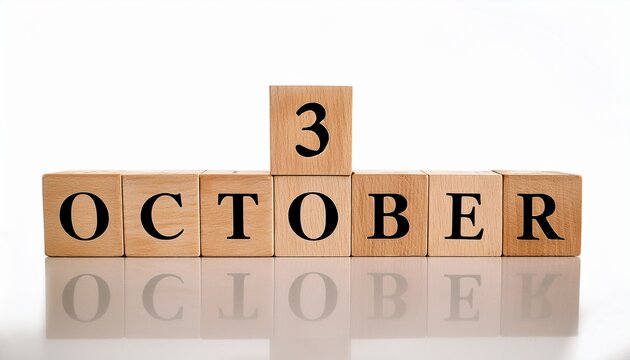 Minimalist photo of wooden blocks with date 3 October. Day and month, calendar on white background