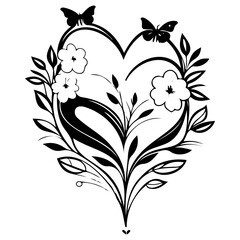 Heart shape with flowers, butterflies silhouette