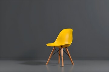 Contemporary Vibrant Yellow Chair with Wooden Legs on Minimalist Gray Background &ndash; Dynamic Furniture Photography for Modern Interiors, Office Ambience, and Creative Home Decor