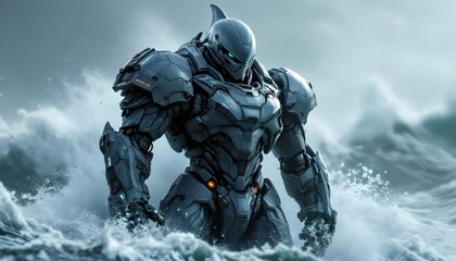 Powerful Mech Robot in Stormy Ocean Waves Digital Art