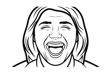 Line Art Illustration Of A Young Woman With A Wide Open Mouth Laughing Uncontrollably In Black And White