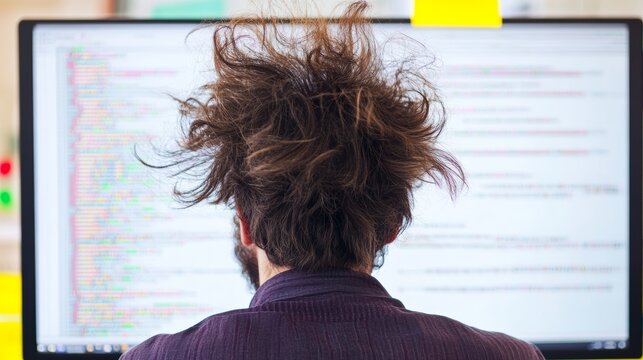 Frustrated coder debugging messy hair looking at computer code software developer searching errors confused working with technology in a brightly lit background