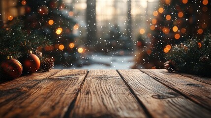 Wooden Table Top with Blurred Christmas Tree Background and Soft Snowfall for Product Display or Montage
