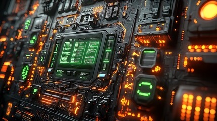 Fototapeta premium Sci-fi network monitoring interface with pulsating green nodes, intricate connection lines, and a dark cybernetic background, ultra-detailed 8K render