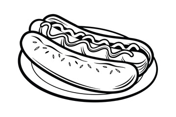 Black And White Hot Dog Illustration Featuring Mustard Topping And Pickles Served On A Plate Graphic Element